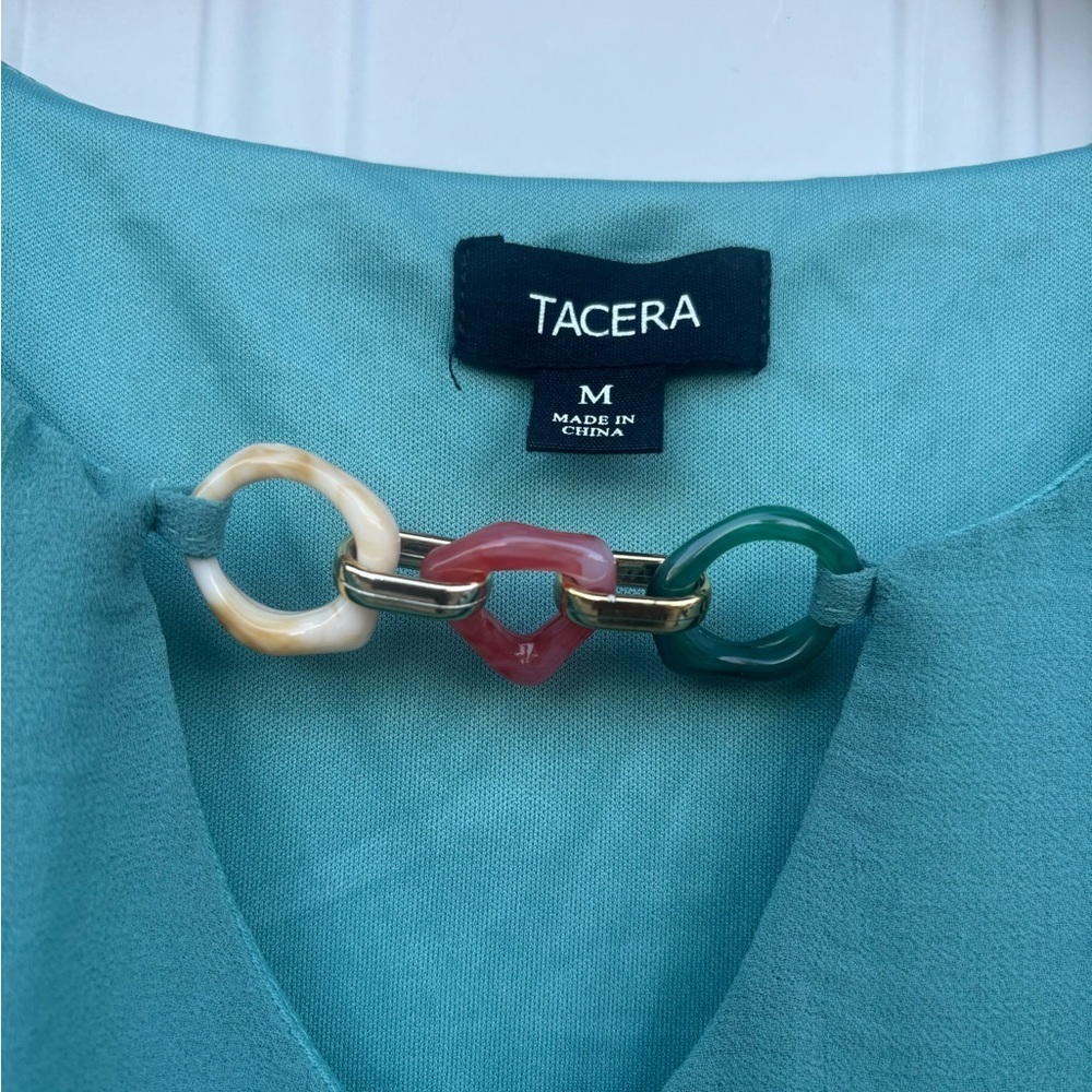 Tacera Aqua Blue Blouse with Multicolor Chain Detail